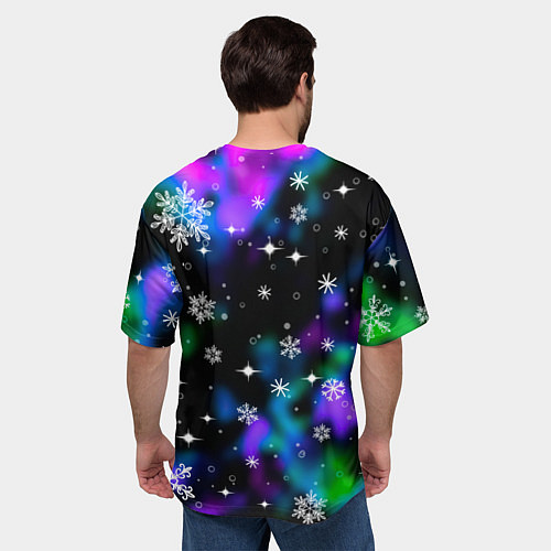 Мужская футболка оверсайз Неоновый дракон в снежинках / 3D-принт – фото 4
