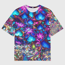 Мужская футболка оверсайз Абстракция синие листья и фиолетовый цветы