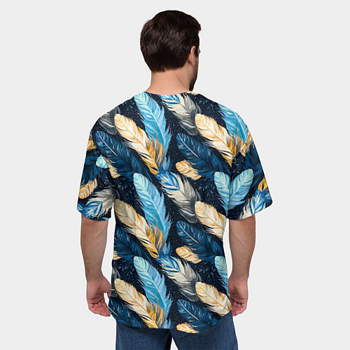 Мужская футболка оверсайз Перья птиц на темном фоне паттерн / 3D-принт – фото 4