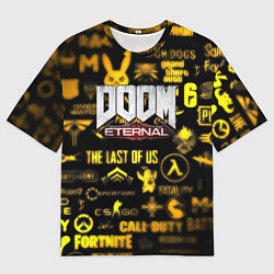 Футболка оверсайз мужская Doom золотые логотипы игр, цвет: 3D-принт
