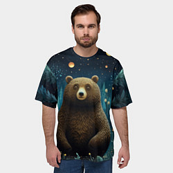 Футболка оверсайз мужская Мишка в ночном лесу в стиле фолк-арт, цвет: 3D-принт — фото 2
