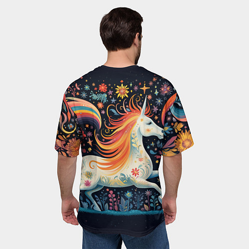 Мужская футболка оверсайз Радужная лошадка в стиле фолк-арт / 3D-принт – фото 4