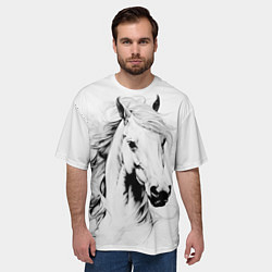 Футболка оверсайз мужская Лошадь белая на ветру, цвет: 3D-принт — фото 2