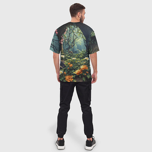 Мужская футболка оверсайз Лисица в лесу в цветах / 3D-принт – фото 4