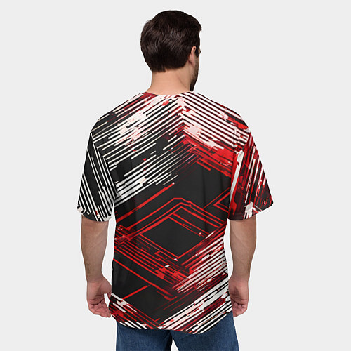 Мужская футболка оверсайз Киберпанк линии белые и красные / 3D-принт – фото 4
