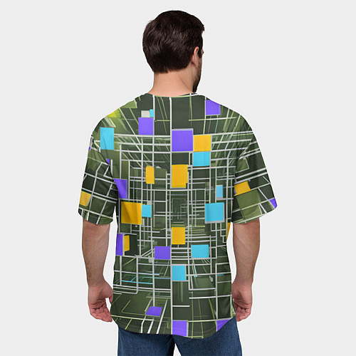 Мужская футболка оверсайз Разноцветные квадраты и белые полосы / 3D-принт – фото 4