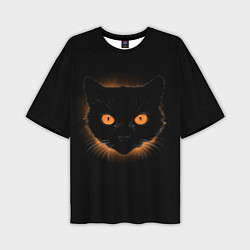 Мужская футболка оверсайз Портрет черного кота в оранжевом свечении
