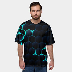 Футболка оверсайз мужская Бирюзовый сквозь чёрные соты, цвет: 3D-принт — фото 2