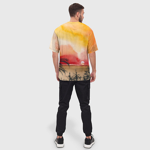Мужская футболка оверсайз Тропический закат акварель / 3D-принт – фото 4