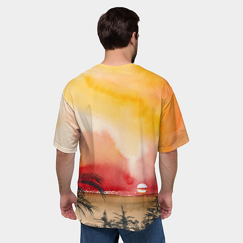 Мужская футболка оверсайз Тропический закат акварель / 3D-принт – фото 4