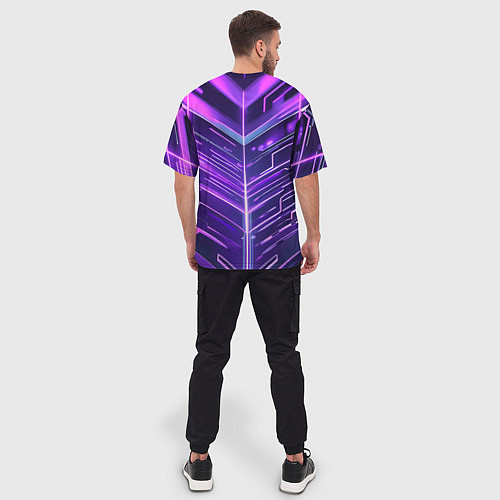 Мужская футболка оверсайз Фиолетовые неон полосы киберпанк / 3D-принт – фото 4