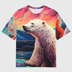 Мужская футболка оверсайз Белый медведь на фоне северного сияния
