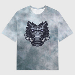 Футболка оверсайз мужская Стальной дикий кабан на сером фоне, цвет: 3D-принт
