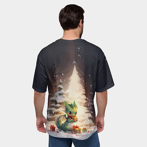 Мужская футболка оверсайз Чиби-дракон под ёлкой с подарками / 3D-принт – фото 4