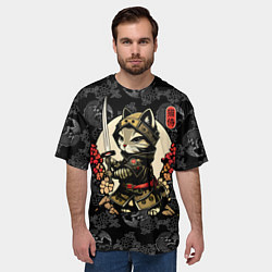 Футболка оверсайз мужская Кот - японский самурай, цвет: 3D-принт — фото 2