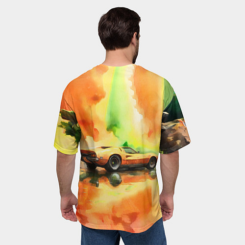 Мужская футболка оверсайз Машина на оранжево зеленом фоне акварель / 3D-принт – фото 4