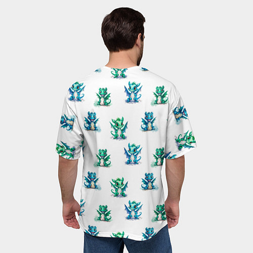 Мужская футболка оверсайз Дракончики зеленые и синие - паттерн акварельный / 3D-принт – фото 4