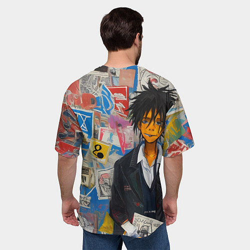 Мужская футболка оверсайз Аниме пацан на фоне стены / 3D-принт – фото 4