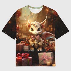 Мужская футболка оверсайз Белый новогодний дракон с подарками