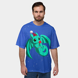 Футболка оверсайз мужская Новогодний дракончик бирюзовый, цвет: 3D-принт — фото 2