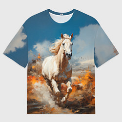 Футболка оверсайз мужская Белая лошадь скачет в поле, цвет: 3D-принт