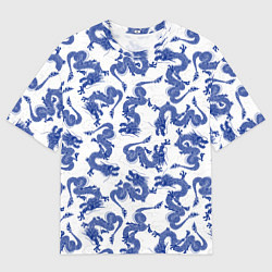 Футболка оверсайз мужская Синие новогодние драконы, цвет: 3D-принт