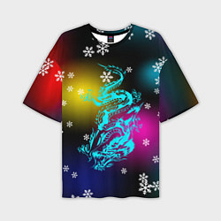 Мужская футболка оверсайз Праздничный дракон и снежинки