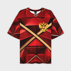 Мужская футболка оверсайз Герб России на красном абстрактном фоне