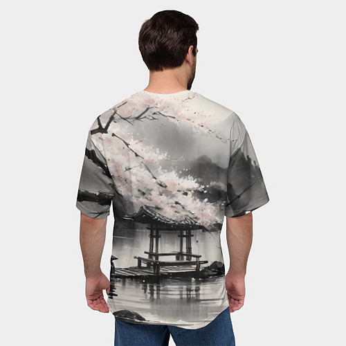 Мужская футболка оверсайз Пейзаж японское озеро / 3D-принт – фото 4