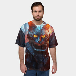 Футболка оверсайз мужская Пламенный кот в стиле киберпанк, цвет: 3D-принт — фото 2