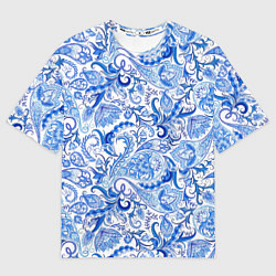 Футболка оверсайз мужская Гжельская роспись на белом фоне, цвет: 3D-принт