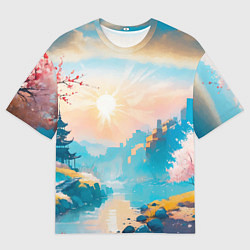 Мужская футболка оверсайз Японский город вдали и цветущая Сакура у реки