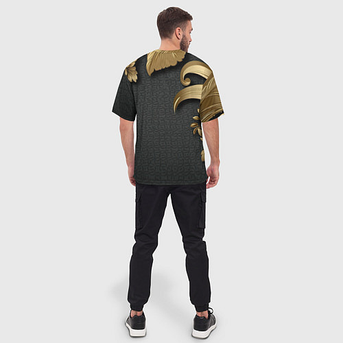 Мужская футболка оверсайз Золотые объемные листья на сером фоне / 3D-принт – фото 4