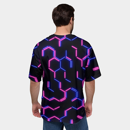 Мужская футболка оверсайз Сине-розовые неоновые неполные гексагоны / 3D-принт – фото 4