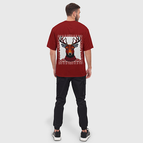 Мужская футболка оверсайз Олень на красном фоне / 3D-принт – фото 4