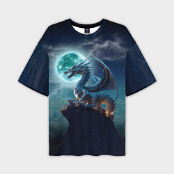 Мужская футболка оверсайз Дракон на скале на фоне луны