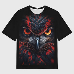 Мужская футболка оверсайз Черная сова с красными глазами