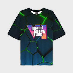 Футболка оверсайз мужская GTA 6 лого на фоне разлома зеленых плит, цвет: 3D-принт
