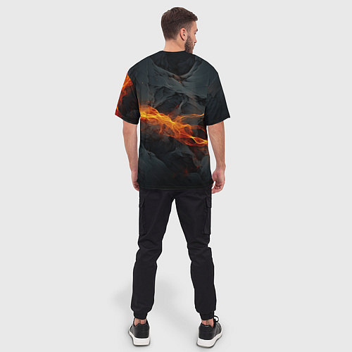 Мужская футболка оверсайз Оранжевая световая абстракция на черном / 3D-принт – фото 4