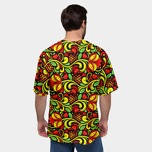 Мужская футболка оверсайз Хохломская роспись красные цветы и ягоды / 3D-принт – фото 4