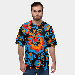 Футболка оверсайз мужская Хохломская роспись разноцветные цветы на чёроном ф, цвет: 3D-принт — фото 2