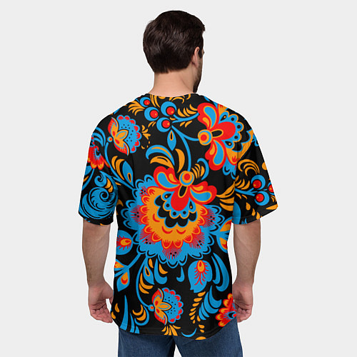 Мужская футболка оверсайз Хохломская роспись разноцветные цветы на чёроном ф / 3D-принт – фото 4