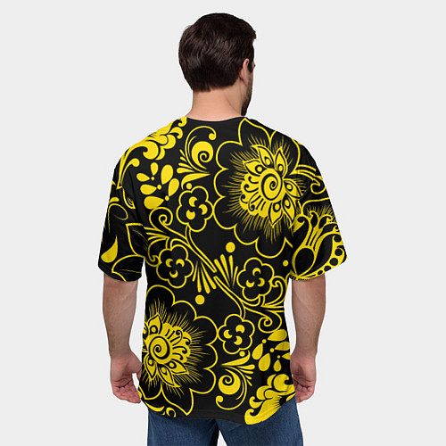 Мужская футболка оверсайз Хохломская роспись золотые цветы на чёроном фоне / 3D-принт – фото 4