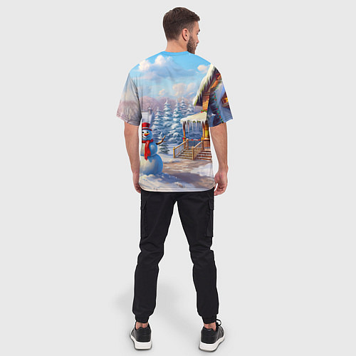 Мужская футболка оверсайз Снежный зимний дом с драконом / 3D-принт – фото 4
