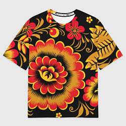 Футболка оверсайз мужская Хохломская роспись красно-жёлтые цветы на чёрном ф, цвет: 3D-принт