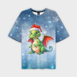 Мужская футболка оверсайз Милый маленький новогодний дракон в новогодней шап