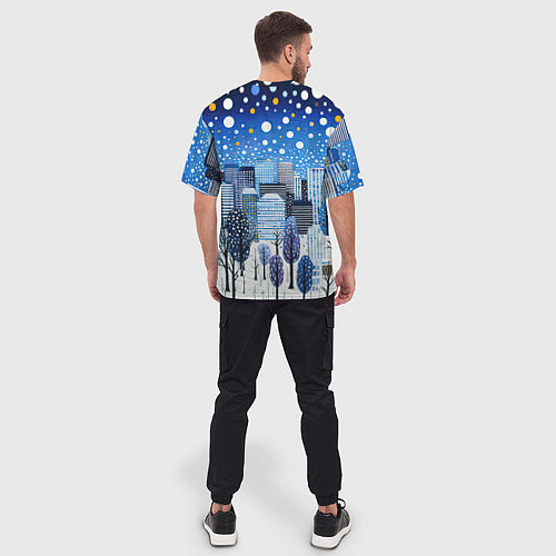 Мужская футболка оверсайз Новогодний синий ночной город / 3D-принт – фото 4