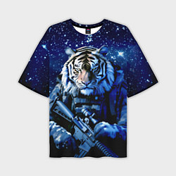 Мужская футболка оверсайз Тигр солдат снег и звезды