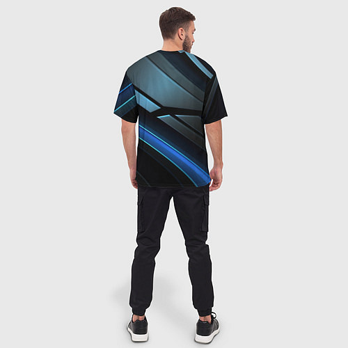 Мужская футболка оверсайз Черная абстракция с синим неоновым ярким свечением / 3D-принт – фото 4