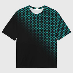 Мужская футболка оверсайз Неоновые соты чёрно-бирюзовый